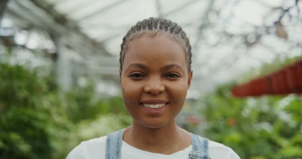 African american woman stands in a greenhouse and smiles looking at the camera — Stock Video