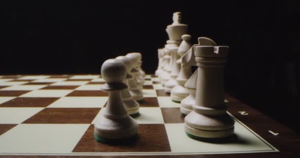 Piezas de ajedrez blanco se alinean en filas pares en un tablero de juego, listo para el juego — Vídeos de Stock