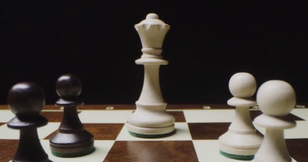 Шахматные первопроходцы стоят ровными рядами на игровой доске — стоковое видео