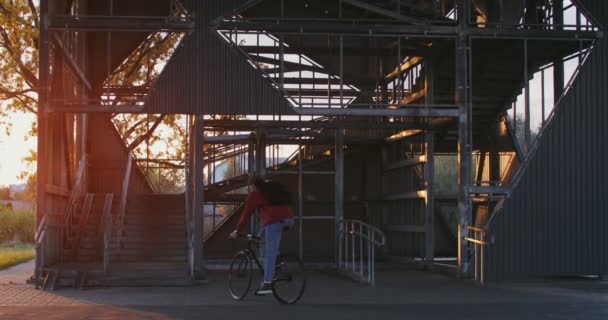Muž jezdí na kole k žebříku, bere kolo do náručí a nese ho nahoru — Stock video