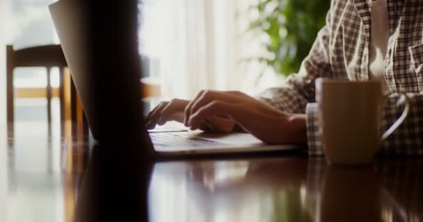 Genç bir adam mutfaktaki masada otururken dizüstü bilgisayar kullanır ve kahve içer. — Stok video