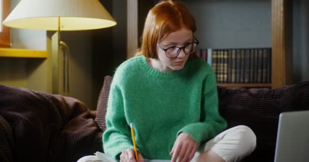 A girl makes notes in notebook, sitting on the couch and looking into an laptop — Stock Video