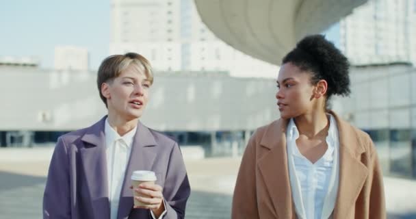 Afrikai amerikai nő és európai nő beszélgetnek egymással a szabadban — Stock videók
