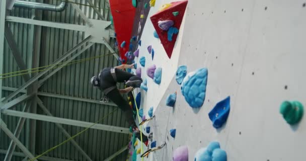 Una atleta trepa por la pared de escalada sujetándose a las piedras artificiales — Vídeo de stock