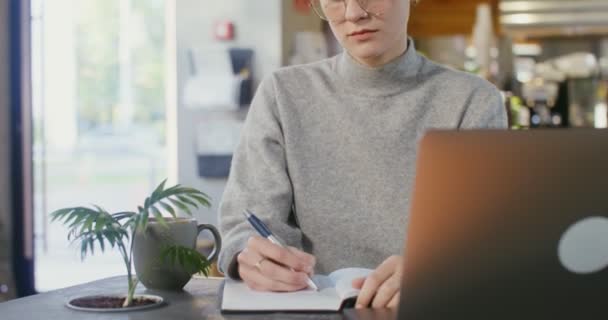 Mujer joven hace notas en el cuaderno sentado frente a la computadora portátil en la cafetería — Vídeos de Stock