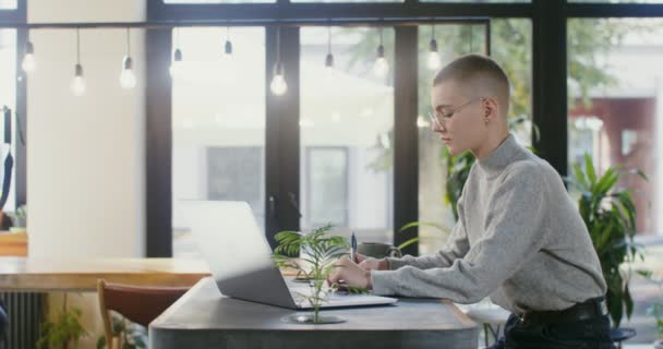 Fiatal nő jegyzetel jegyzetfüzetbe ül a laptop előtt a kávézóban — Stock videók