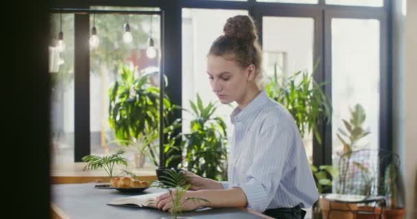 Güzel bir kadın kahve dükkanında otururken kitap okuyor ve çay içiyor. — Stok video