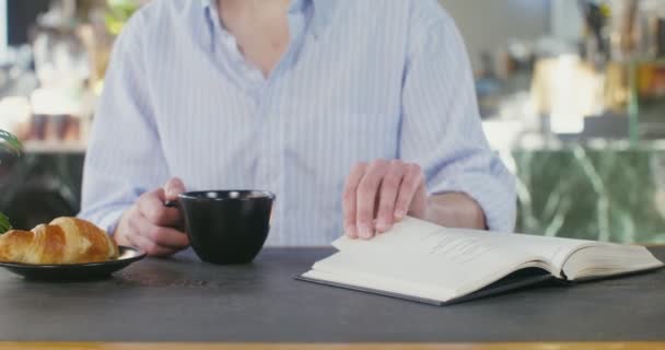 Bella donna legge un libro e beve tè mentre è seduto in una caffetteria — Video Stock