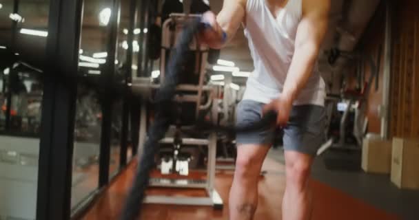 Молодой человек использует боевые веревки во время силовых тренировок в современном спортзале — стоковое видео