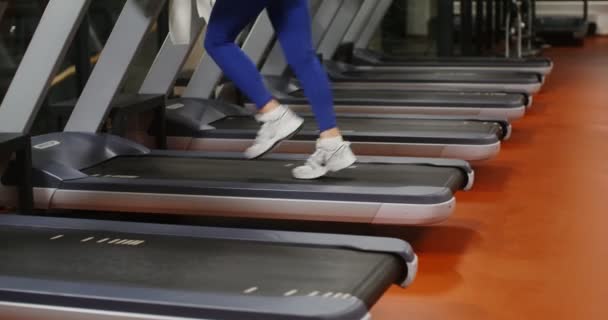 Μια γυναίκα τρέχει σε ένα διάδρομο, άσκηση στο γυμναστήριο, κοντινό πλάνο των γυναικείων ποδιών — Αρχείο Βίντεο