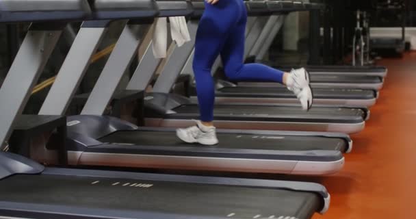 Mujer joven corre en una cinta de correr haciendo en el gimnasio — Vídeo de stock