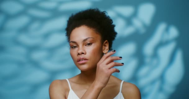 Una giovane donna afroamericana che tocca la pelle del viso con le mani — Video Stock