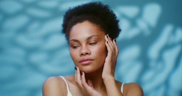 A young African American woman touching the skin of her face with her hands — Stock Video