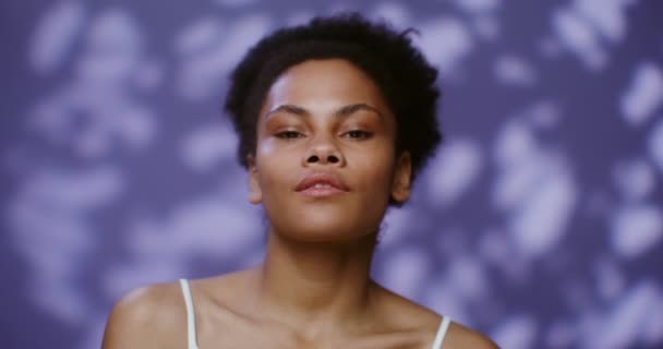 Young African American model blowing white flower petals from her hands — Video Stock