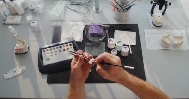 Nahaufnahme der Bemalung einer keramischen Zahnkrone mit einem dünnen Pinsel von Hand — Stockvideo