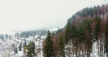 Kışın bir tepenin eteğinde kır evi olan küçük bir kasaba.