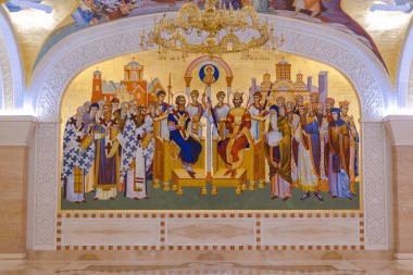 BELGRAD, SERBIA - 21 Temmuz 2019: Belgrad 'daki Sırp Ortodoks Kilisesi ve Saint Sava Kilisesi' nin iç mahzeninde Fresco