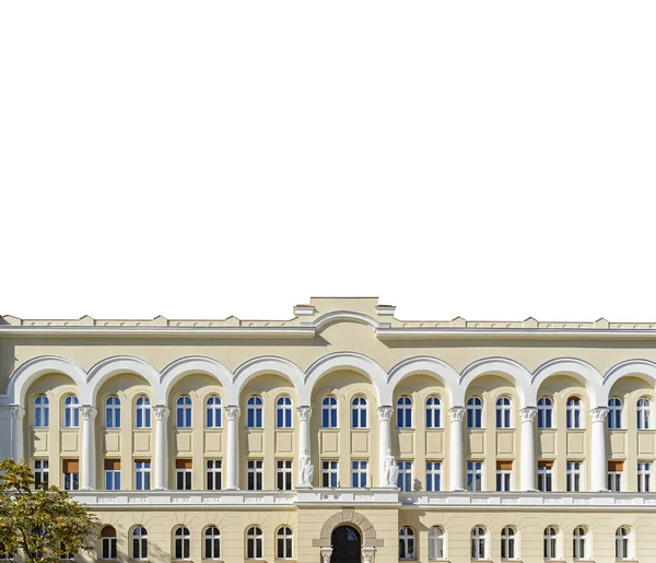 Frontansicht Auf Das Alte Gelbe Bürogebäude Isoliert Auf Weiß — Stockfoto
