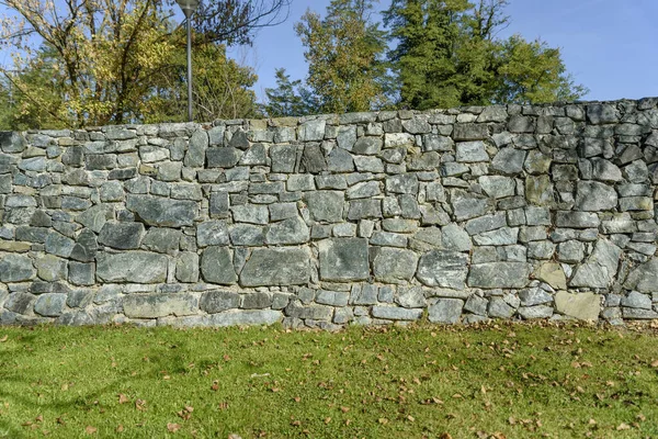 Zielona Trawa Trawnik Dekoracyjną Ścianą Nierównomiernie Pęknięta Prawdziwa Powierzchnia Kamienia — Zdjęcie stockowe