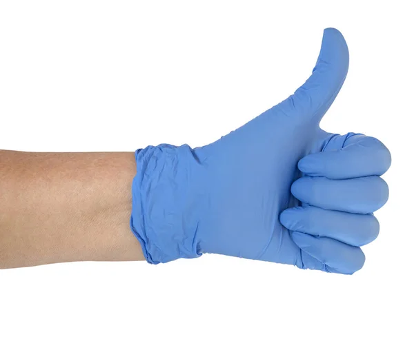 Dłoń Kobiety Niebieskiej Rękawicy Medycznej Pokazująca Kciuki Górę Znak Szpitalu — Zdjęcie stockowe