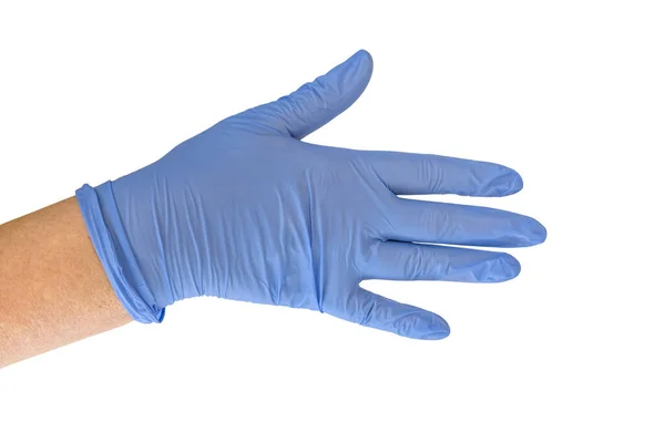 Ręka Kobiety Niebieską Rękawicą Medyczną Odizolowana Białym Tle — Zdjęcie stockowe
