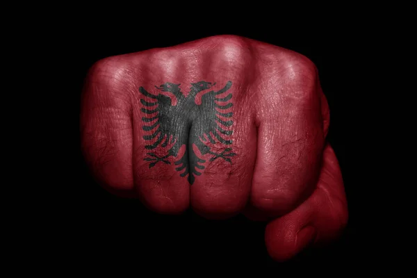 Flag Albania Painted Strong Fist Black Background — Stock Photo, Image