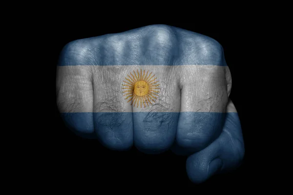 Flag Argentina Painted Strong Fist Black Background — Stock Photo, Image