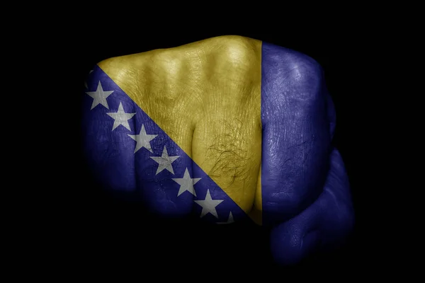 Bandera Bosnia Herzegovina Pintada Con Puño Fuerte Sobre Fondo Negro — Foto de Stock