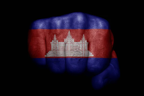 Kambodžská Vlajka Namalovaná Silné Pěsti Černém Pozadí — Stock fotografie