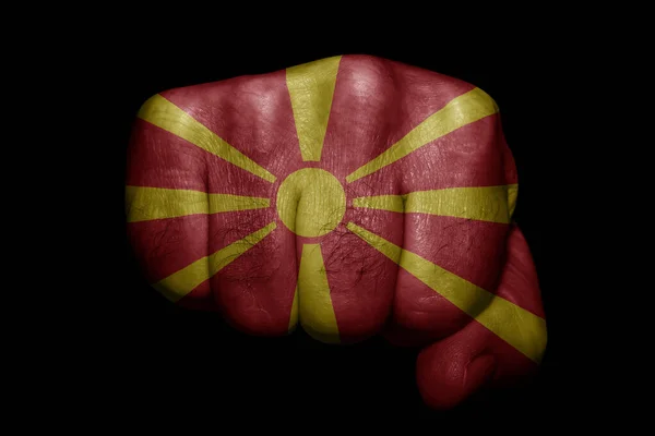 Vlag Van Noord Macedonië Geschilderd Sterke Vuist Zwarte Achtergrond — Stockfoto