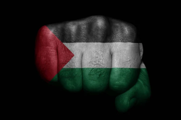 Flagga Palestina Målad Stark Knytnäve Svart Bakgrund — Stockfoto