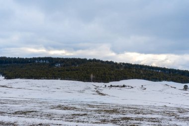 Kuru çimenlere kar yağdı. Dağda, bulutlu gökyüzü kapalı.