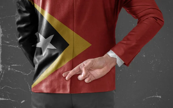 Businessman Jacket Flag East Timor His Fingers Crossed His Back — Stock Photo, Image