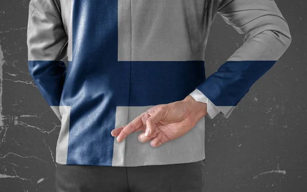 Kurtka Biznesmena Flagą Finlandii Kciukami Plecami — Zdjęcie stockowe