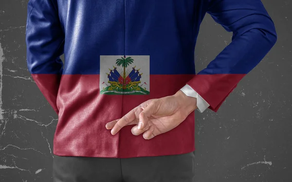 Kurtka Biznesmena Flagą Haiti Kciukami Plecami — Zdjęcie stockowe