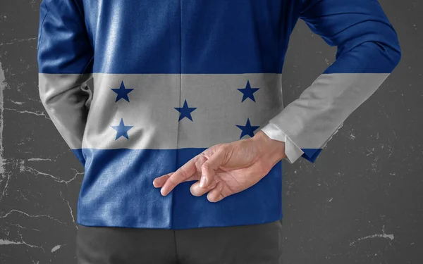 Businessman Jacket Flag Honduras His Fingers Crossed His Back — Stock Photo, Image