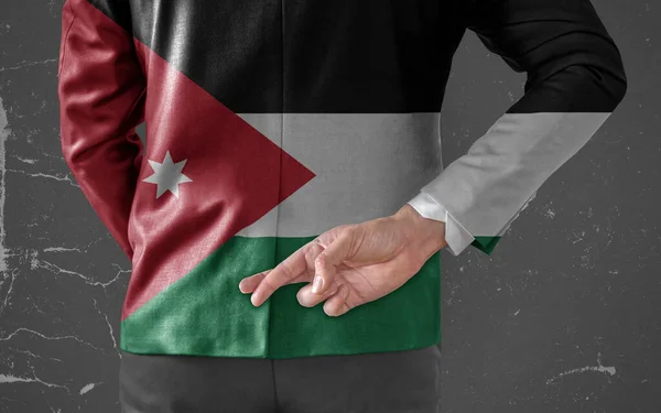 Affärsman Jacka Med Flagga Jordanien Med Fingrarna Korsade Bakom Ryggen — Stockfoto