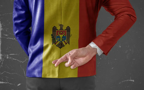 Obchodník Bunda Vlajkou Moldavska Prsty Zkříženými Zády — Stock fotografie
