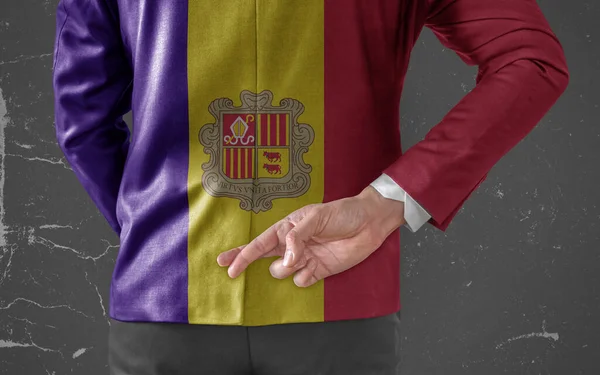Jacket Flag Andorra Businessman His Fingers Crossed His Back — Stock Photo, Image