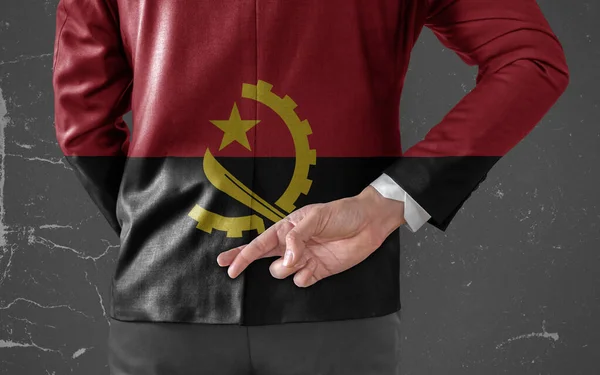 Jacket Flag Angola Businessman His Fingers Crossed His Back — Stock Photo, Image