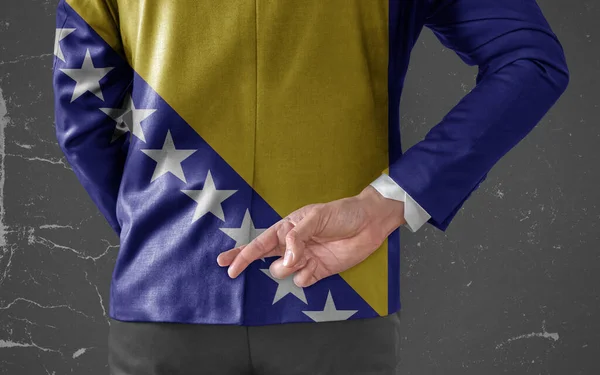 Jaqueta Bandeira Bósnia Herzegovina Empresário Com Dedos Cruzados Atrás Das — Fotografia de Stock