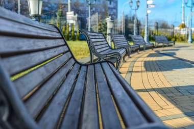 Parkta, arka planda binalar olan birkaç eski ve büyük ahşap bank.