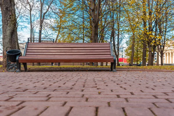 一个有树木背景的棕色城市公园长椅 — 图库照片