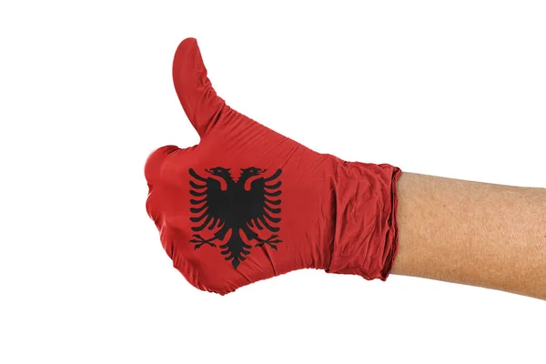 Прапор Албанії Медичній Рукавичці Пальцями Вгору — стокове фото