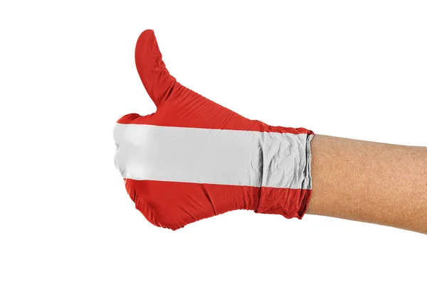 Áustria Bandeira Uma Luva Mão Mostrando Polegares Para Cima Sinal — Fotografia de Stock