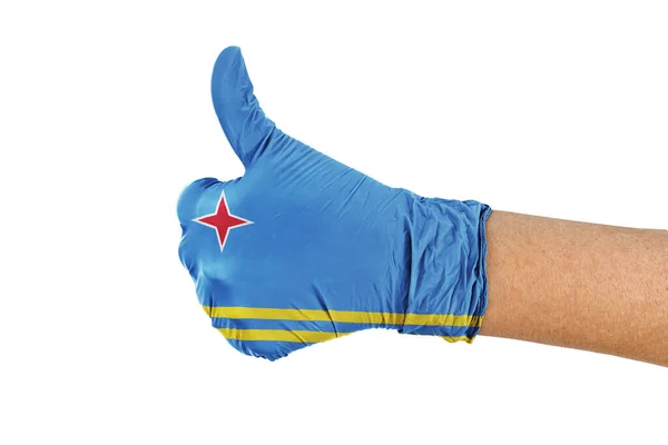 Флаг Арубы Медицинской Перчатке Большим Пальцем Вверх — стоковое фото