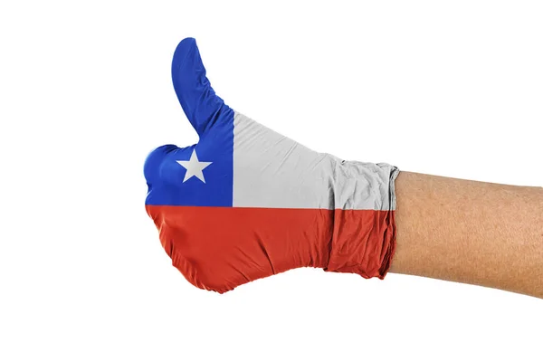 Flaga Chile Rękawicy Medycznej Pokazującej Kciuki Góry Znak — Zdjęcie stockowe