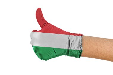Tıbbi eldivende Macaristan bayrağı baş parmak işareti gösteriyor
