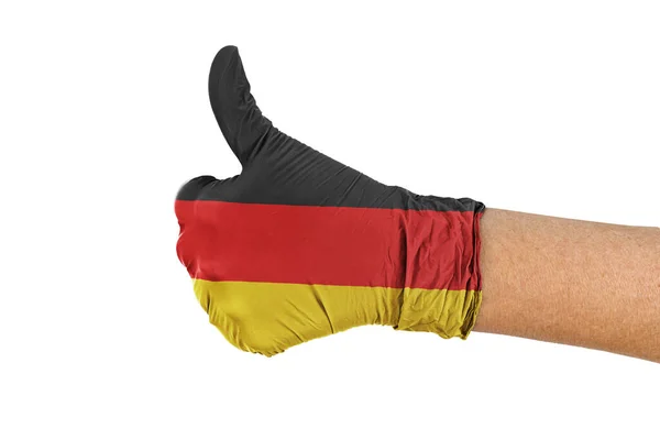 Allemagne Drapeau Sur Gant Médical Montrant Pouces Vers Haut Signe — Photo