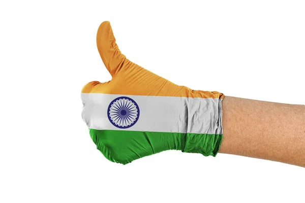 Indien Flagga Medicinsk Handske Visar Tummen Upp Tecken — Stockfoto